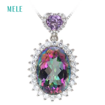 

MELE Natural mystic quarts silver pendant, oval 13mm*18mm with hearts 6mm natural amethsyt, multi-color and attractive jewelry