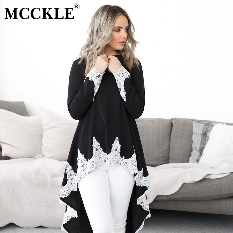 

Tunic Lace Patchwork Women's Shirts Irregular Ruffles O-Neck Autumn Female Blouses 2019 Fashion Loose Trim Long Shirts Ladies