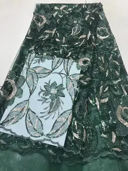 

French lace fabric5 yds/pce green leaf patterns sequins mesh fabrics women gorgeous luxury party event asoebi bright dress 2019