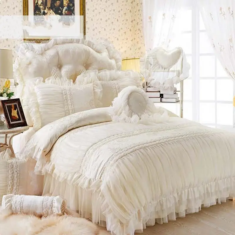 Beige Lace Princess Quilt/duvet cover king queen 4/6pcs 100 cotton