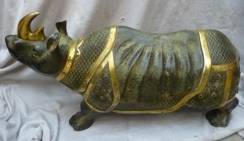 

R0720 Details about 10"Chinese Bronze Gild handwork carved eximous lifelike rhinoceros Ox Statue