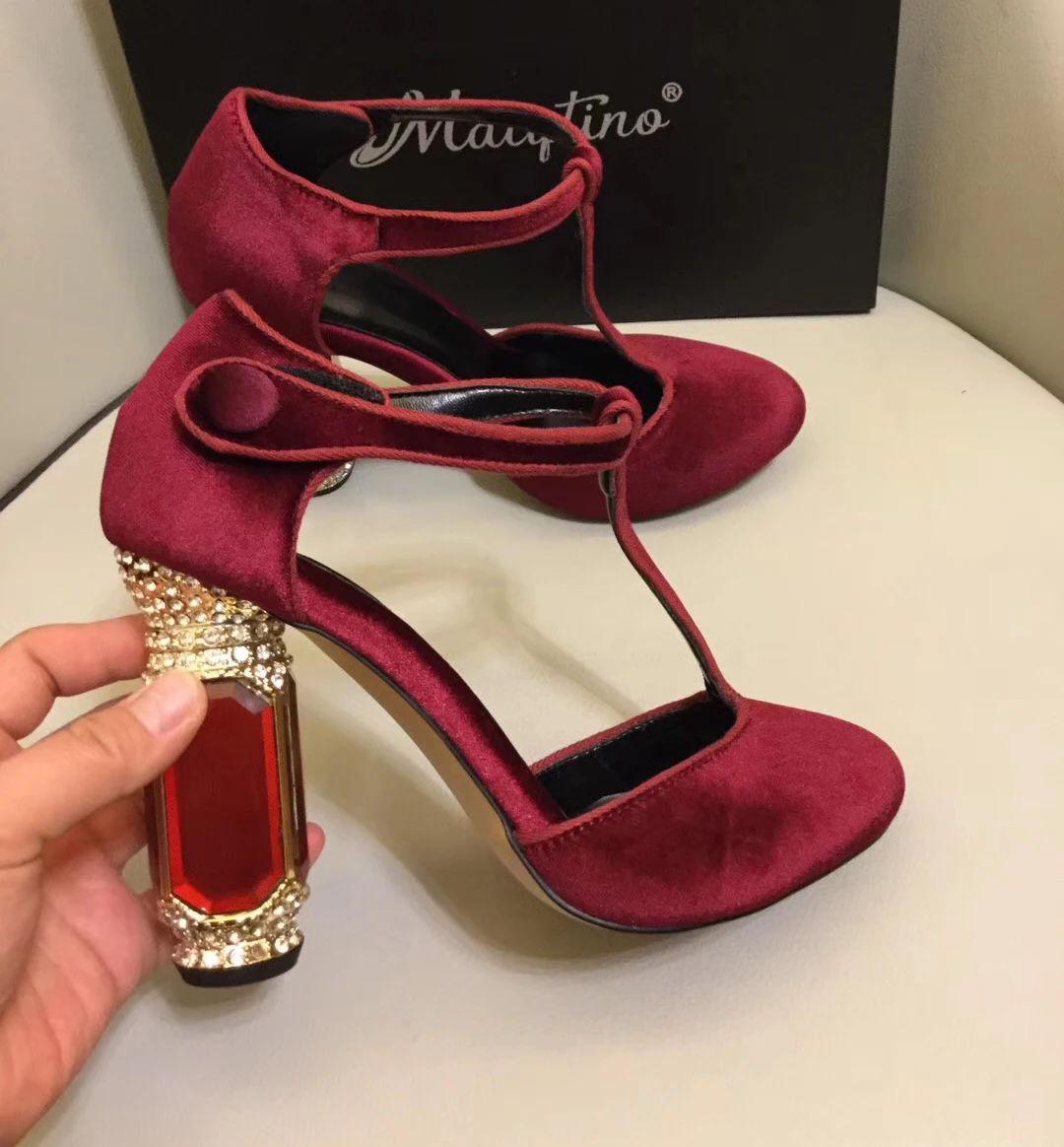 Vienantin/бархатные туфли на высоком каблуке; Цвет зеленый, фиолетовый, красный; туфли с Т-образным ремешком в стиле ретро; стразы; свадебные туфли на каблуке с драгоценными камнями; обувь для вечеринок