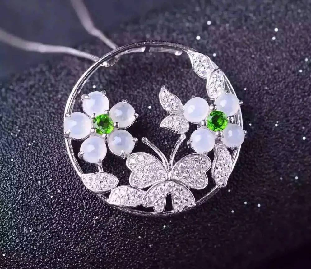 

natural white jade pendant S925 silver Natural gemstone Pendant Necklace trendy Luxury flower butterfly women gift jewelry