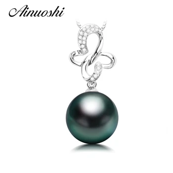 

AINUOSHI 925 Sterling Silver Butterfly Shaped Necklace Pendants Black Cultured Pearl Tahiti 10mm Round Pearl Women Pendants Gift
