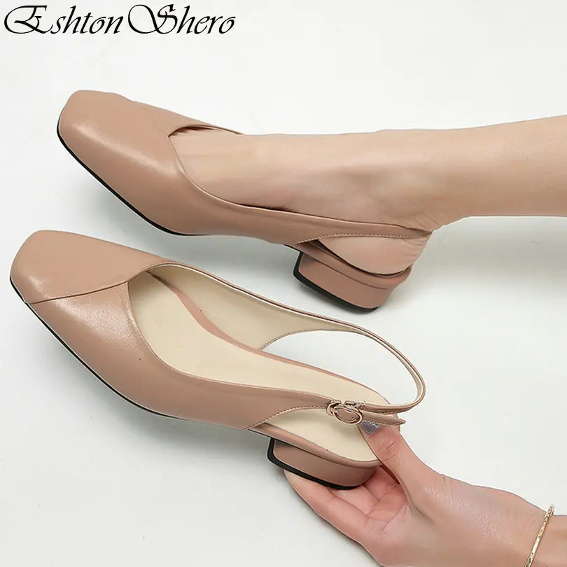 

EshtonShero 2019 Woman Shoes Leather Pumps Low Heels Square Toe Solid Slingback Platform Apricot Ladies Wedding Shoes Size 3-8