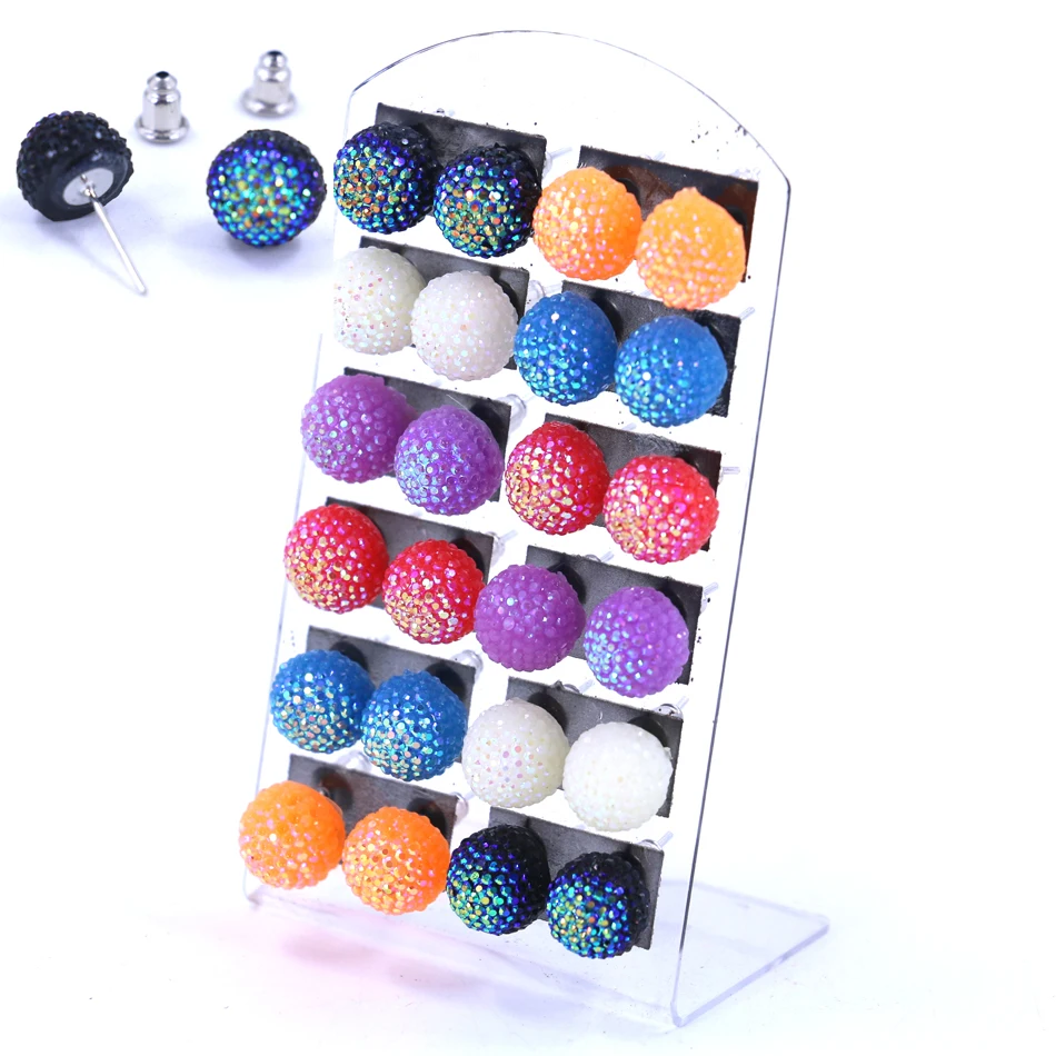 

Factory Hot Selling Korea Design Cheap Cute Solid AB Colors 10mm Resin Plastic Half Ball Iron Stick Stud Earrings 12pairs