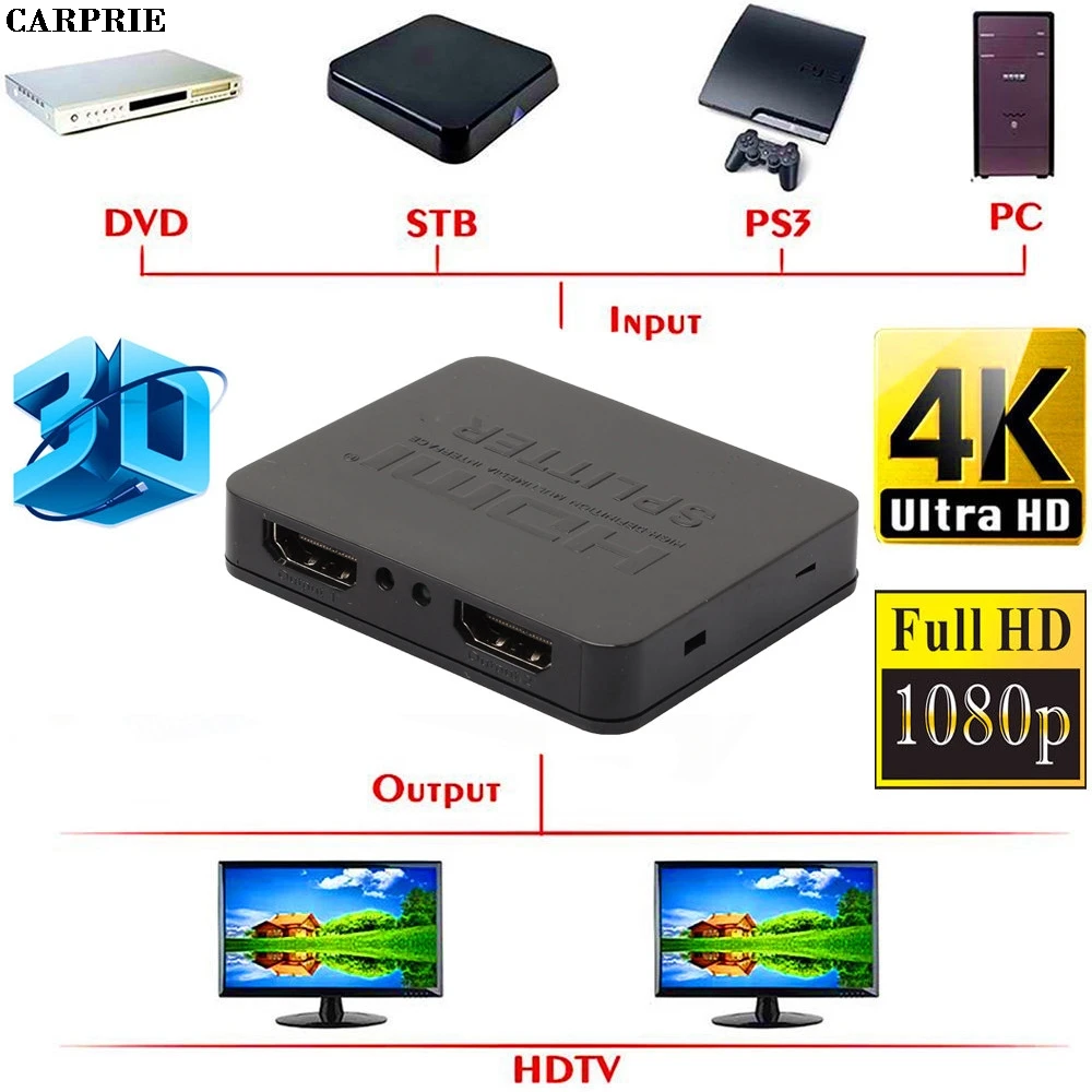 CARPRIE (склад США) Ultra HD 4K HDMI сплиттер 1X2 2 порт повторитель усилитель концентратор 3D