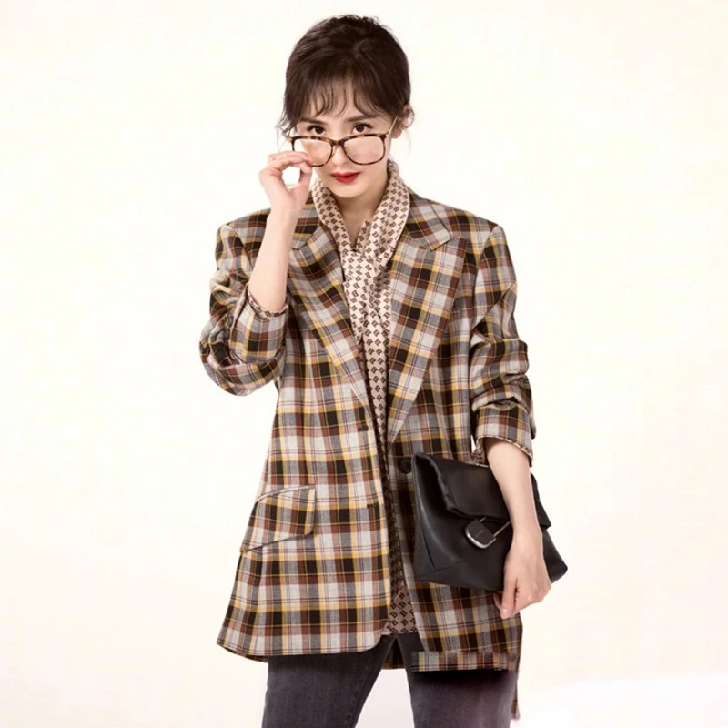 2018 Autumn Retro Contrast Color Plaid Blazers + Bow Collar Chiffon Shirt + Grey Black Jeans 3 Piece Set Women's Sets