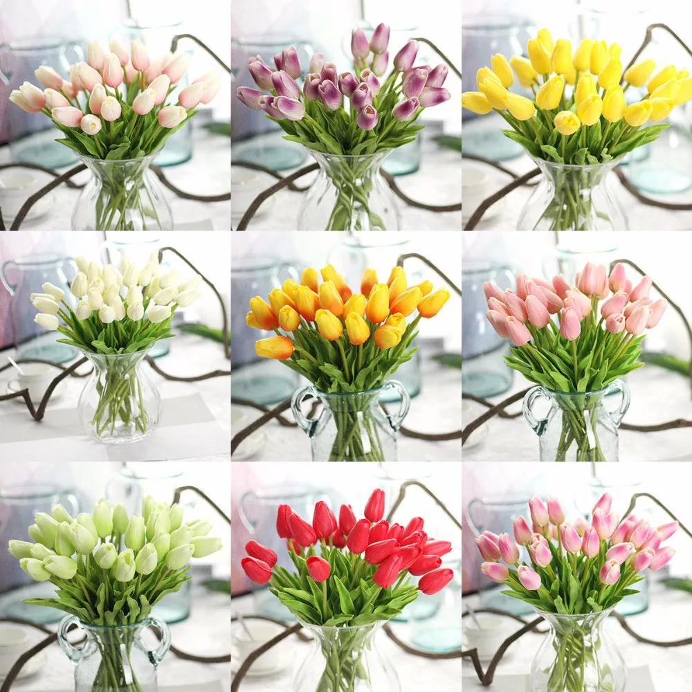 

H&D 10pcs Pu Mini Tulip Flower Real Touch Wedding Flower Bouquet Artificial Silk Flowers For Home Wedding Party Decoration