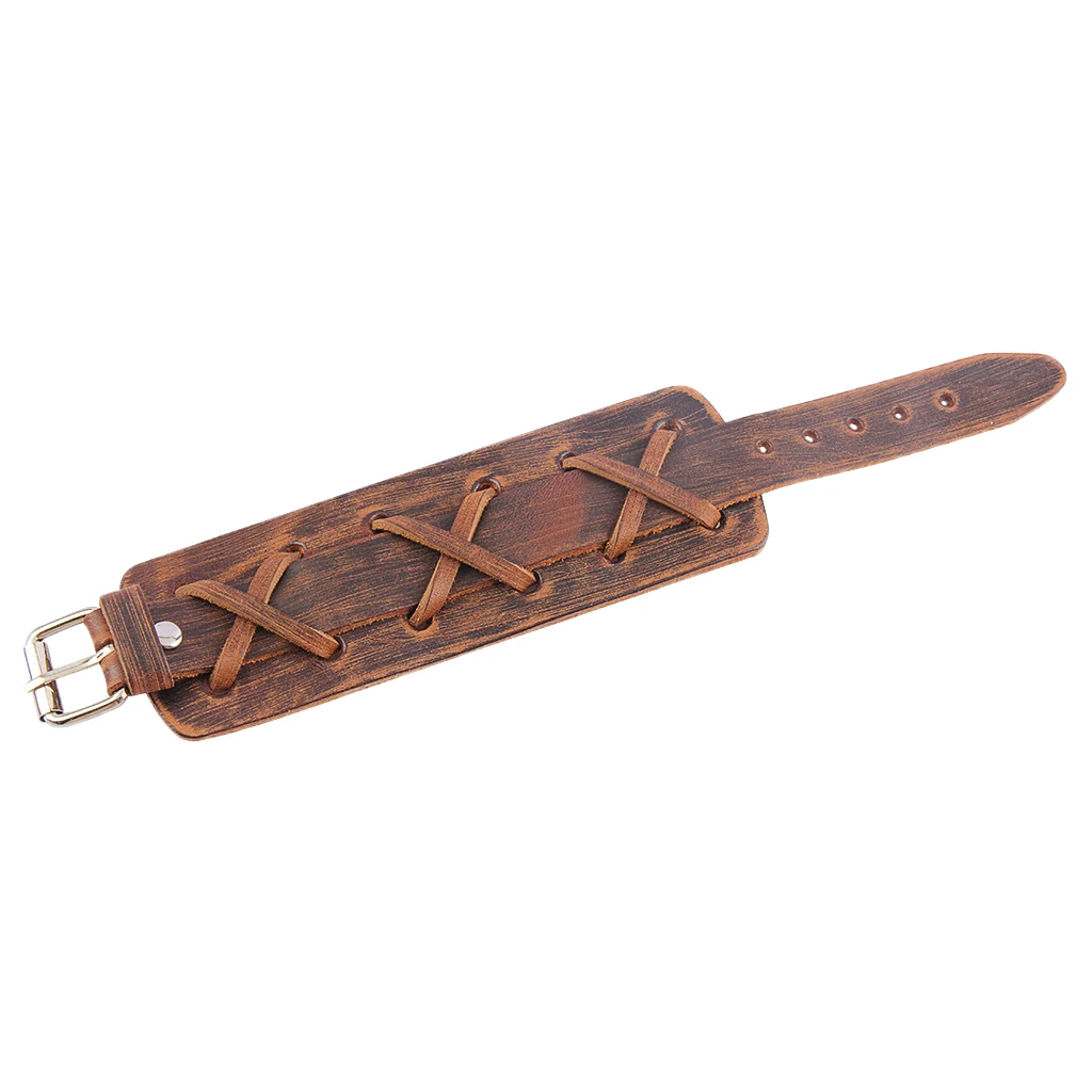 Handmade Leather Wide Cuff Bracelet Cross Punk Biker Men Bangle double Wrap Braided Leather Bracelet for Daily Wearing Brown