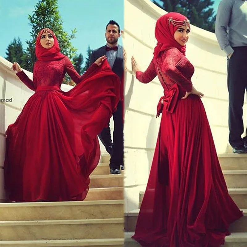 

Muslim Evening Dresses A-line Long Sleeves Red Lace Chiffon Dubai Abaya Kaftan Floor Length Prom Dress for Wedding Party