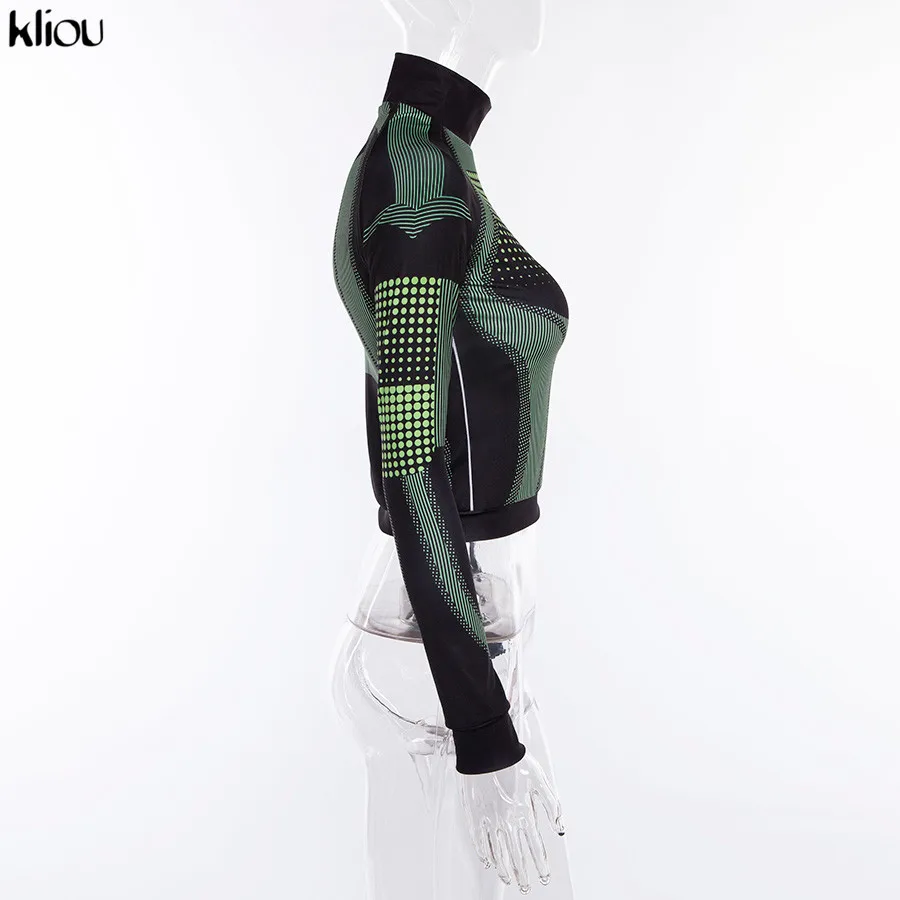 Kliou женский эластичный спортивный костюм с 3д принтом укороченная водолазка с длинным рукавом с воротником и длинные леггинсы штаны