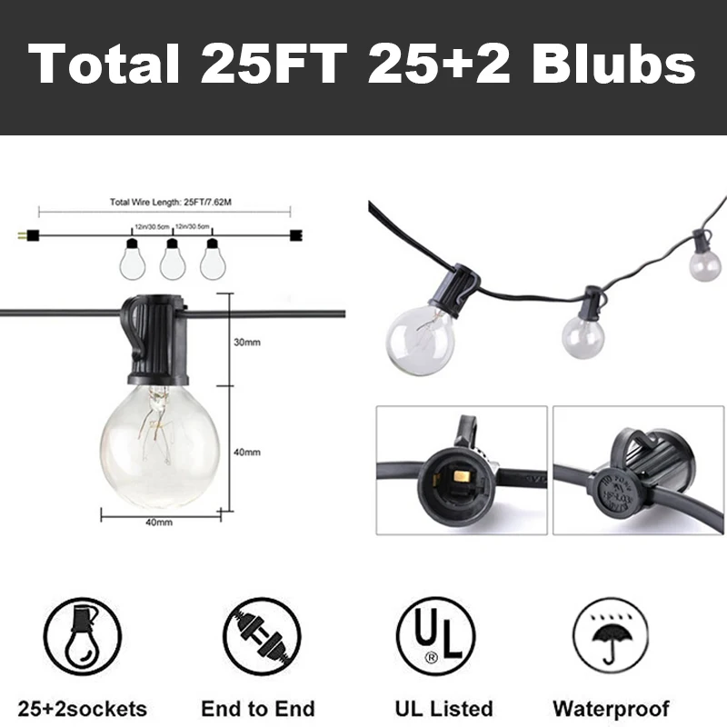 Глобус струнные огни G40 струнные огни UL указанные патио огни для внутреннего наружного коммерческого украшения 25Ft с 27 прозрачными лампами