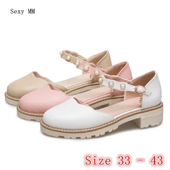

High Quality Women Square Low High Heel Sandals Mary Janes Shoes Woman High Heels Sandals Pumps Plus Size 33 - 40 41 42 43