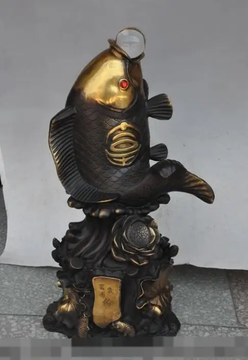 

S4635 25"lucky Chinese Bronze gilt Wealth Lotus Fish play bead Animal Statue Sculpture discount 30% (C0324)