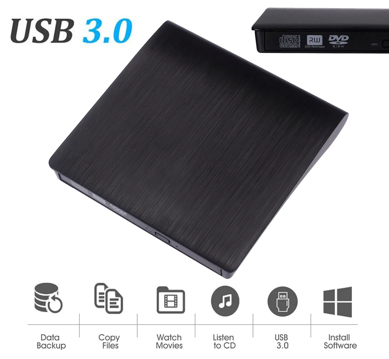 

100% Brand New USB 3.0 External DVD CD Drive High Speed Data Transfer DVDRW DVD-ROM Burner 2018