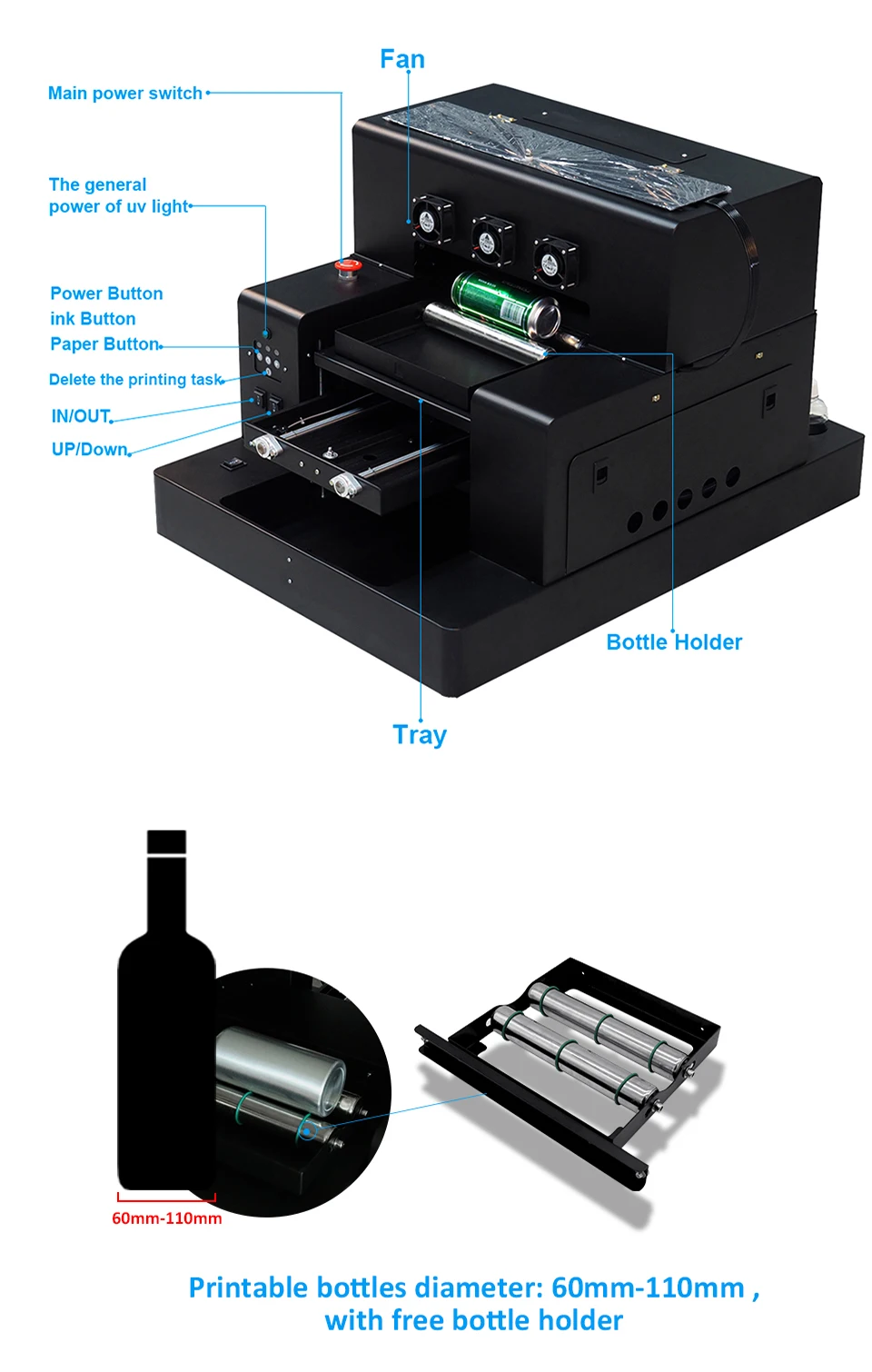 Upgraded Automatic A3 Size UV Printer Inkjet Printing Machine With Bottle Holder With UV Ink Set for Bottle, Phone Case, Metal