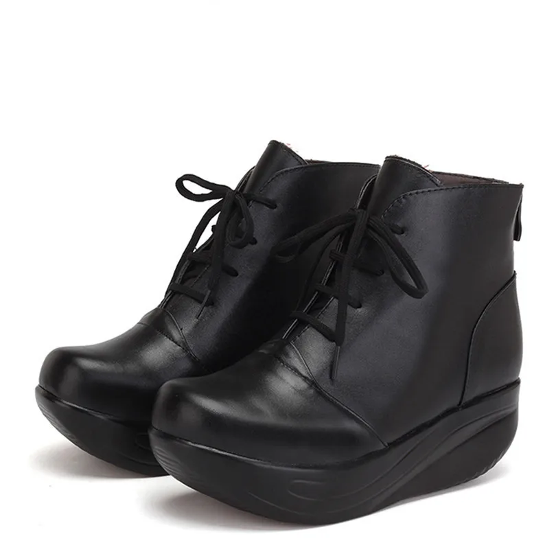 Véritable Chaussures Taille Black À Lin D'hiver Noir Femmes Coins Bottes Lacets Courtes Chaud Roi Plate Balançoire forme Grande Zipper Bottines En Cuir D9IWEHY2