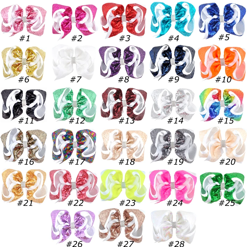 8 inch 28pcs/lot Rainbow Sequin Grosgrain Ribbon Rhinestone Big Large Hair Bows Alligator Clips Girls Hair Accessories Children the new girls rivets sandals summer 2022 children s new buckle rivet campus show girls shoes blue sandal kids ligth rhinestone