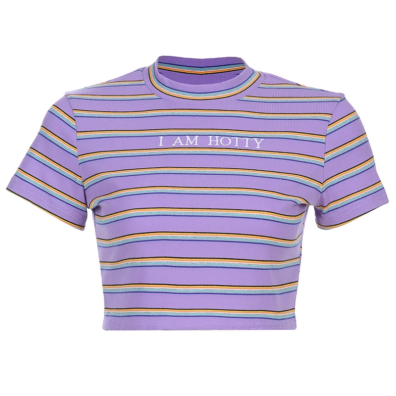 

Women Korean Style Striped Print T shirt Harajuku Short Sleeve Crop Top 2019 Summer Streetwear Festival Tops tee shirt femme