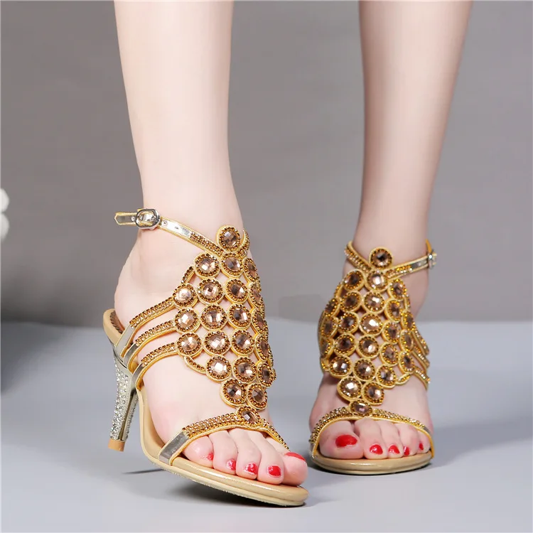 2016 Summer New Rhinestone Diamond Gold Dress Sandals For Wedding Womens High Heel Stiletto Shoes Size 103