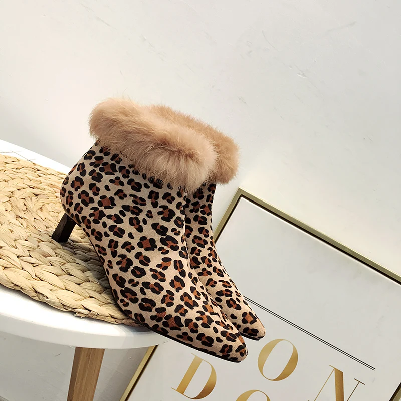 

Pointed stiletto bare boots single boots leopard print leather wild Korean version of the winter boots high heel