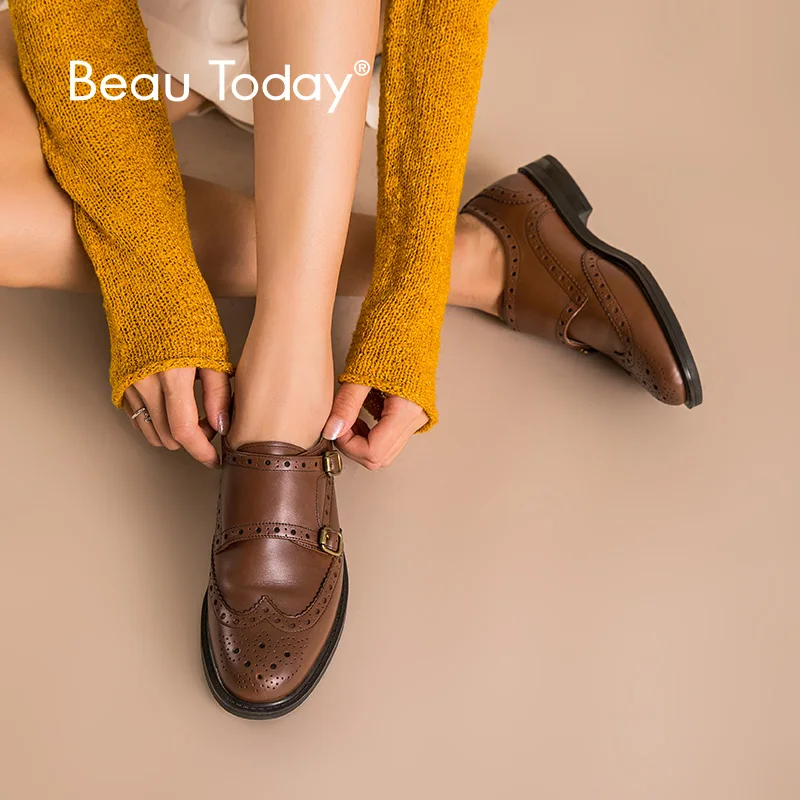 

BeauToday Monk Straps Shoes Women Calfskin Genuine Leather Brogues Round Toe Brown Color Casual Lady Flats Handmade 2140820