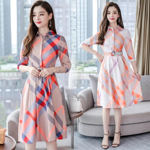

Stinlicher Women Plaid Shirt Dress Spring Autumn Long Sleeve Dress Casual Ladies Elegant Midi Dresses Girls
