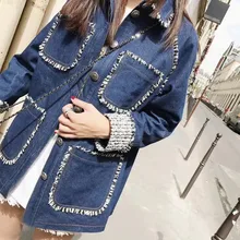 Подиумная Женская длинная джинсовая куртка с вышивкой в стиле пэчворк с большими карманами, дизайнерское модное уличное пальто, женские костюмы высшего качества