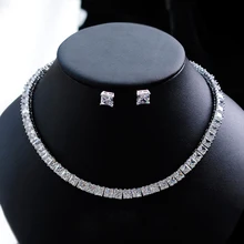 Женские квадратные хрустальные свадебные ювелирные наборы серьги-гвоздики ожерелье ювелирные изделия Свадебные вечерние аксессуары серебряного цвета