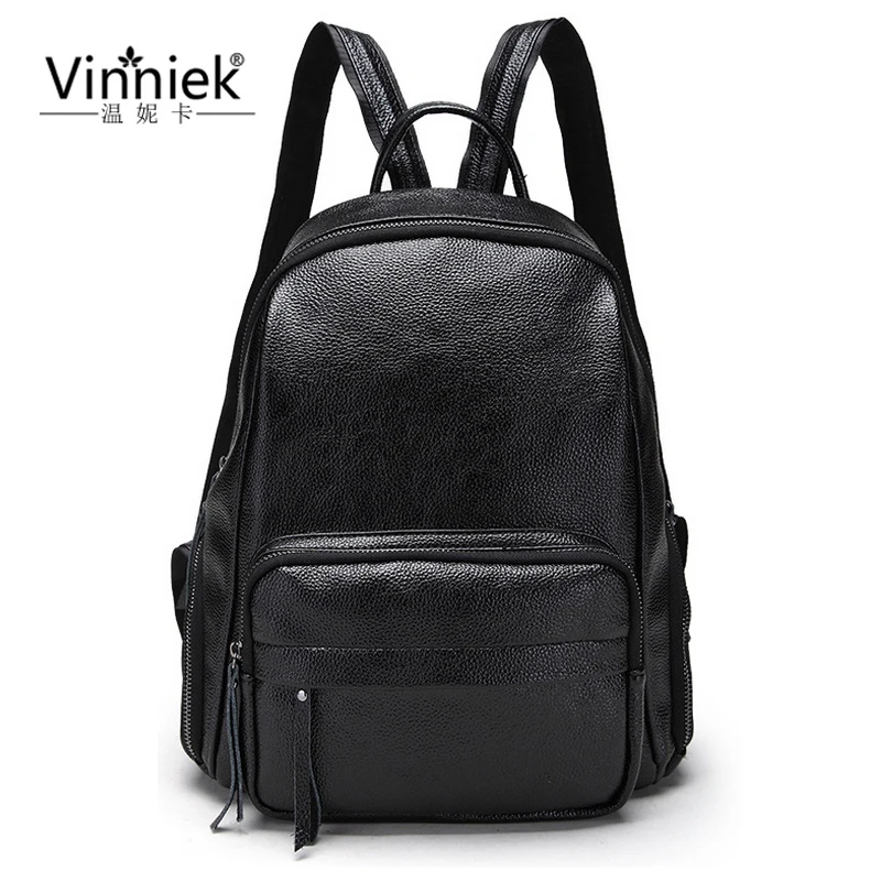 Vinniek Black Backpacks Zipper Women Backpack Fashion School Bags For Teenage Girls Back pack PU Leather