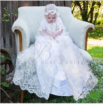 

2 Pieces Lolita White Ivory Baby Girls Christening Gown Infant Girls Baptism Dress Lace Applique With Bonnet size 0-24 month