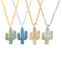 Charms Cactus Necklace Cubic Zirconia Stone Hawaii Saguaro Cactus Pendant Necklaces For Women Choker Chain Collares Desert Plant