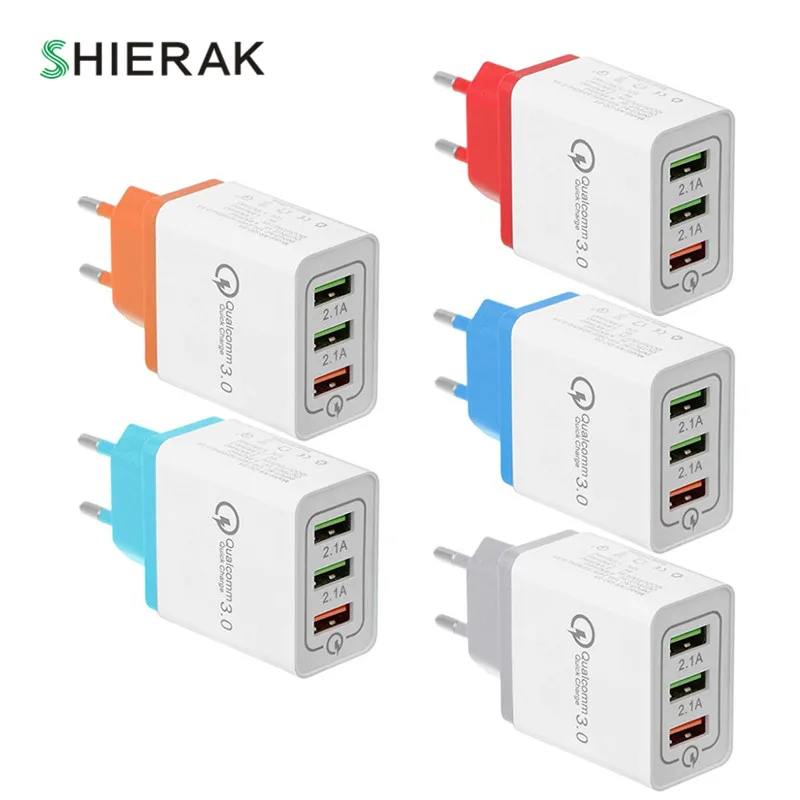 

SHIERAK 1PC Colorful Power AC/DC Adapters QC3.0 3 USB Port Quick Charger 2.4A 5V Travel Charger For Phone Pad