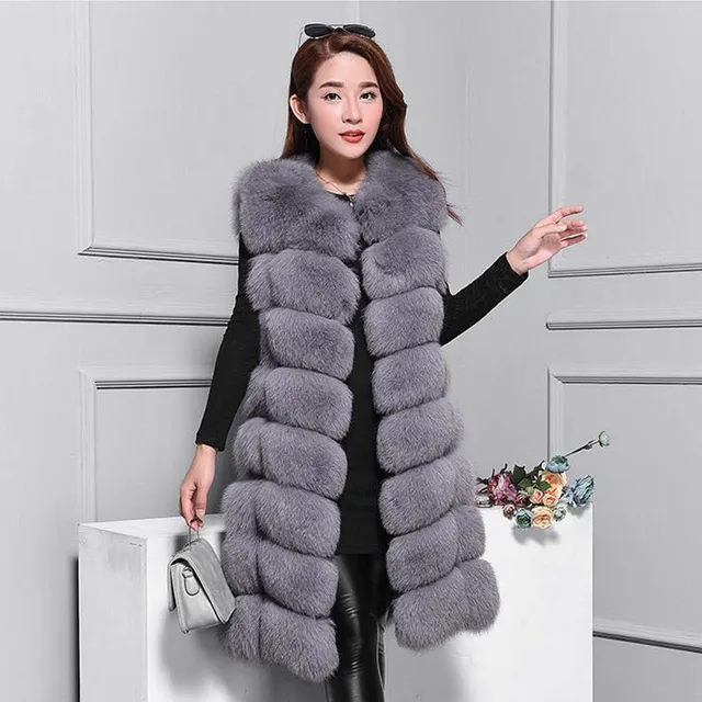 90cm Real Fur Coat Women Silver Fox Genuine Fur Vest Warm