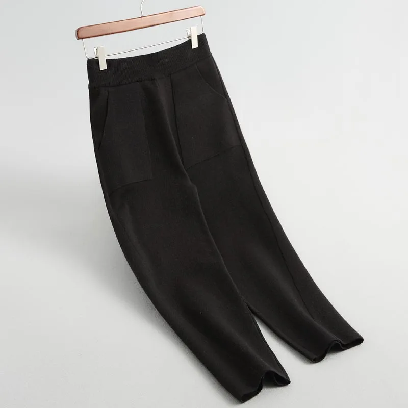 Женские одноцветные свитера с двумя карманами и высокой талией, элегантные женские трикотажные брюки на осень и зиму - Цвет: Черный