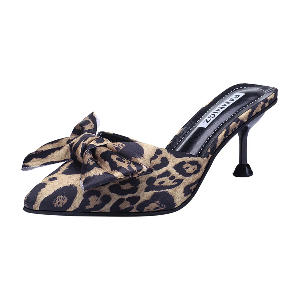 

Women's Leopard Slippers Ladies Summer Beach Casual Shoes Party High Heel Stiletto Bowknot Mujer Slides Fashion Sexy Loafer