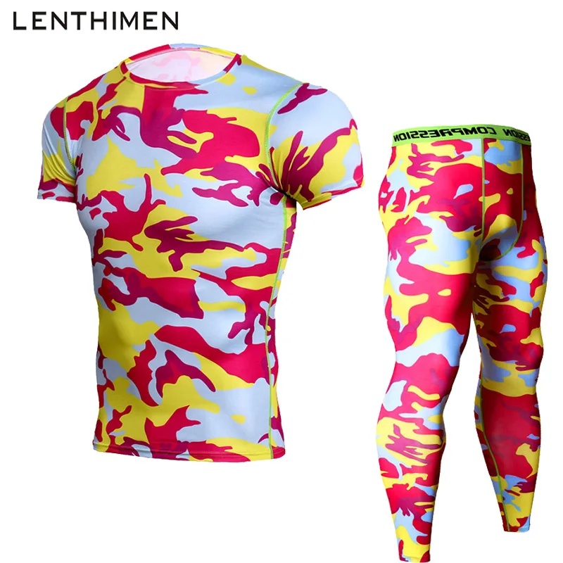 

Brand Camouflage Running Set Men Compression Jogging Suits Short Sleeves Shirts Leggings Sport Suit Gym Fitness Tights Clothing