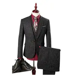 (Куртка + жилет + штаны) для мужчин костюмы 2018 британский стиль Для мужчин модные одной кнопки шерстяной костюм Для мужчин Шерсть свадебные