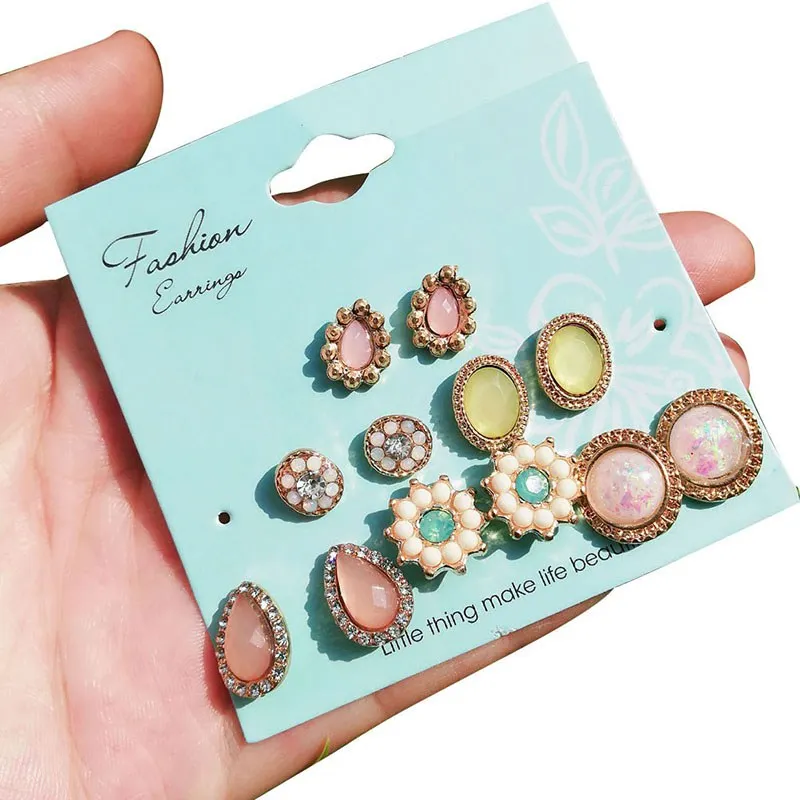 

Hot 2019 Women Girl Cute Water Drops Flower Earrings Stud Earring Set Symmetrical Color Alloy Wild Ear Pendants