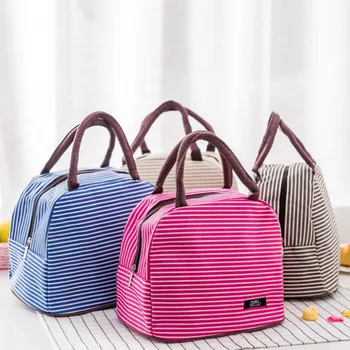 

Striped Thermal Lunch Bag Portable Insulated Cooler Bags Oxford Waterproof Tote Bag Folding Reusable Travel Storage Bag For Food