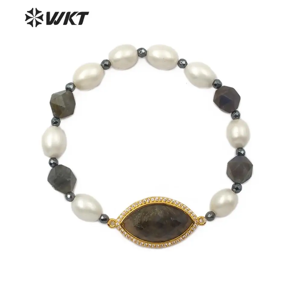 

WT-B467 Labradorite & Pearl Bracelet With Evil Eye Charm Gold Silver Electroplated Bracelet Women Elastic Bracelet Jewelry
