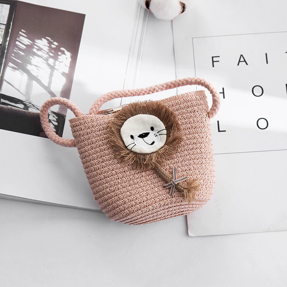 Summer Straw Messenger Bags Kids Cute Lion Mini Beach Shoulder Pouch Children Travel Croosbody Packet