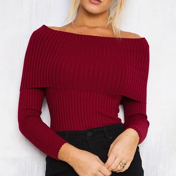 

Women Sexy Off Shoulder Knitted Sweater Autumn Slim Sweaters and Pullovers Jumper Pull Femme Pink Black