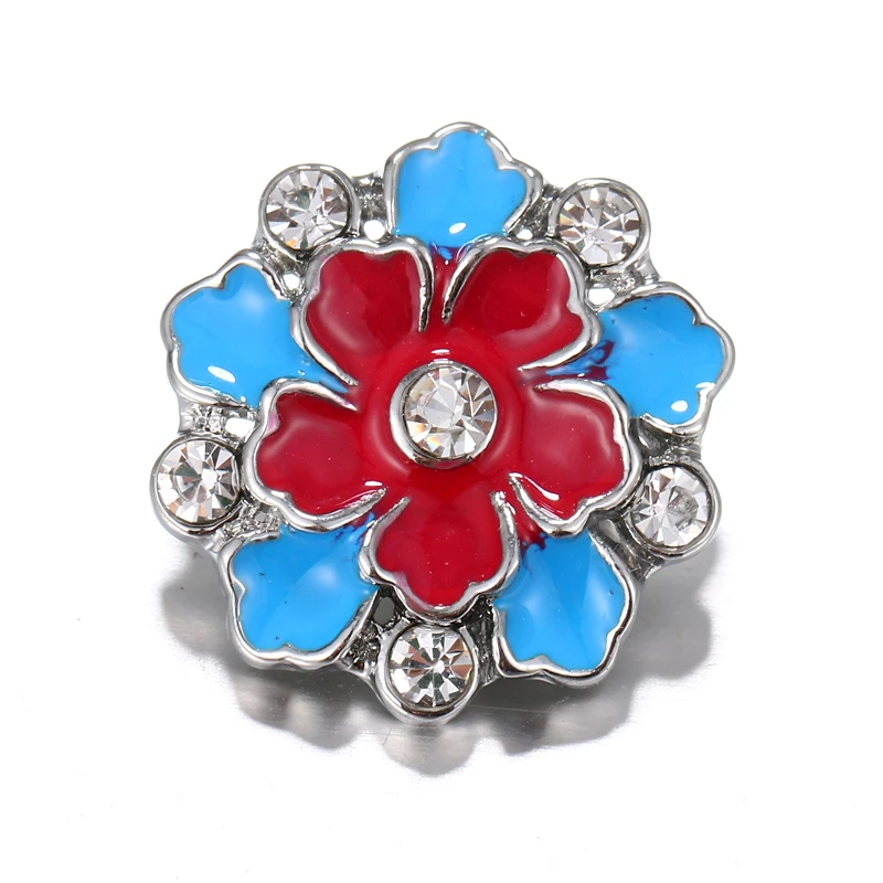 10pcs/lot 18mm flower snaps Silver Plated with Enamel and Rhinestones
