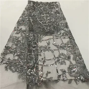 

2019 Latest Nigerian French Lace Fabric High Quality African Lace Fabric Embroidered Dubai French Tulle Lace With sequins grey
