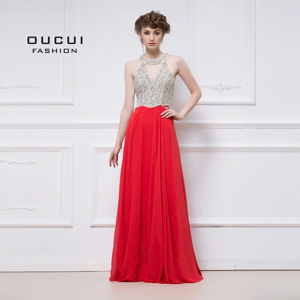 

Real Photo Red Sexy Cut-Out Bodice Formal Long Evening Dress 2019 Halter A-Line Beading Crystal Chiffon Prom Dresses OL102955