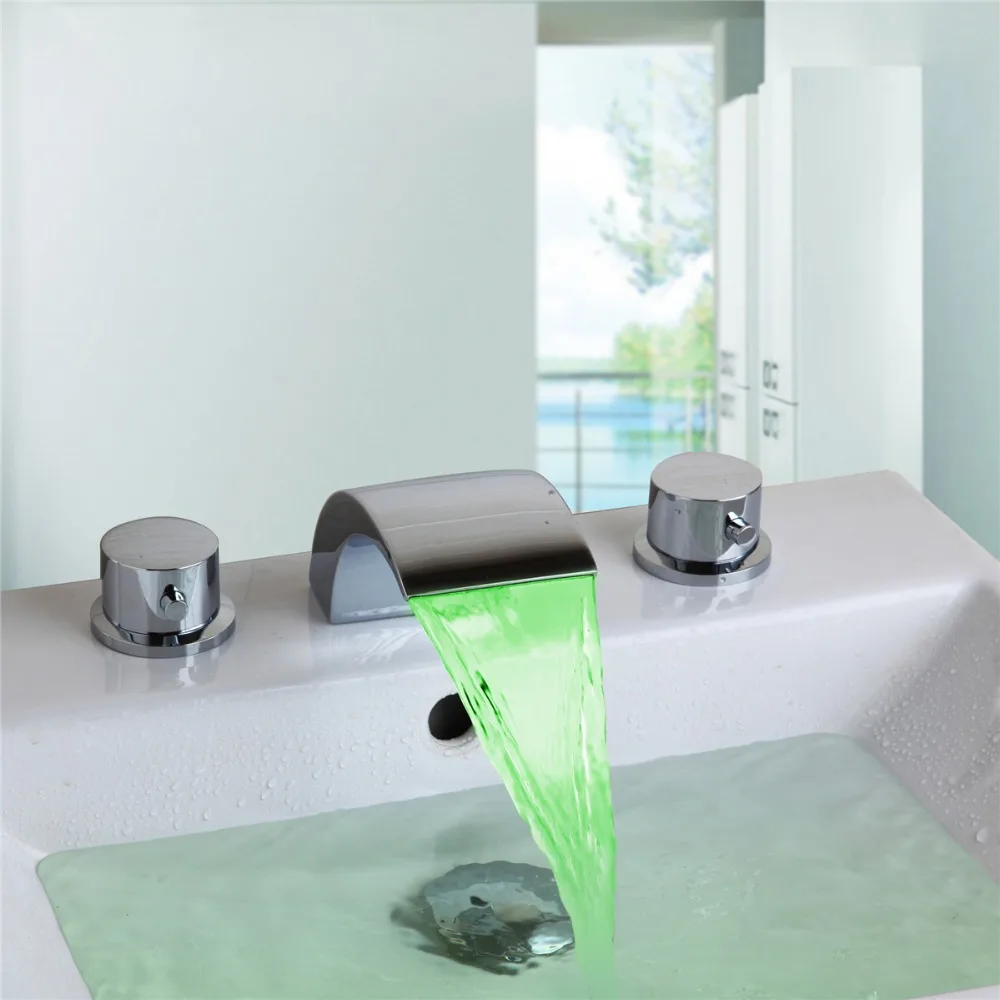 

LED Bathroom Basin Sink Faucet Waterfall Water Flow Lavatory Mixer Faucet Tap Single Handle Polished Chrome Faucets