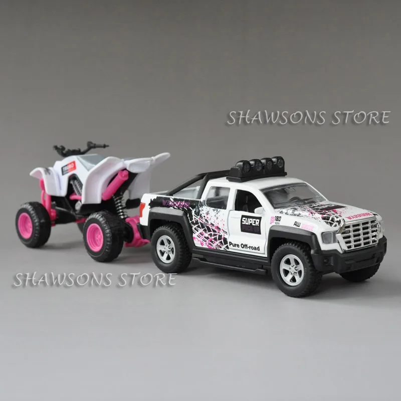 Литая 1:36 Модель автомобиля игрушки Вытяните назад F150 Raptor пикап прицеп кемпер Ван ATV звук и светильник - Цвет: Розовый