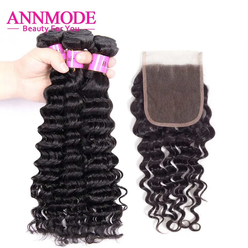 

3/4 Bundles Brazilian Deep Wave With Closure 100% Human Hair Bundles With Closure 4x4 Inch Closure With Bundles Non Remy